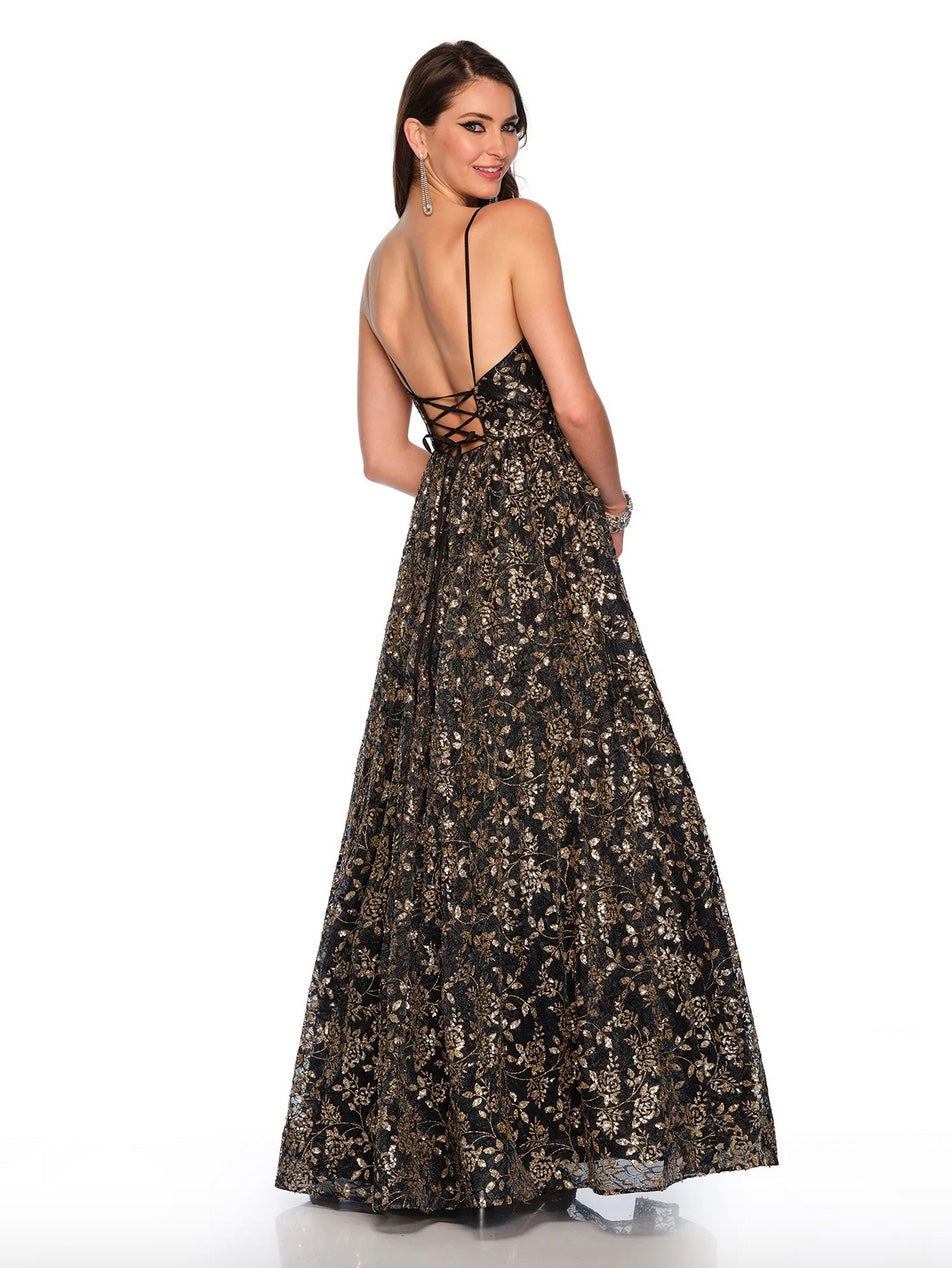 GLITTER & SEQUIN MOTIFF FLORAL BLACK & GOLD LACE BALLGOWN V-NECK LACE-UP BACK BY DAVE & JOHNNY NEW YORK 11548