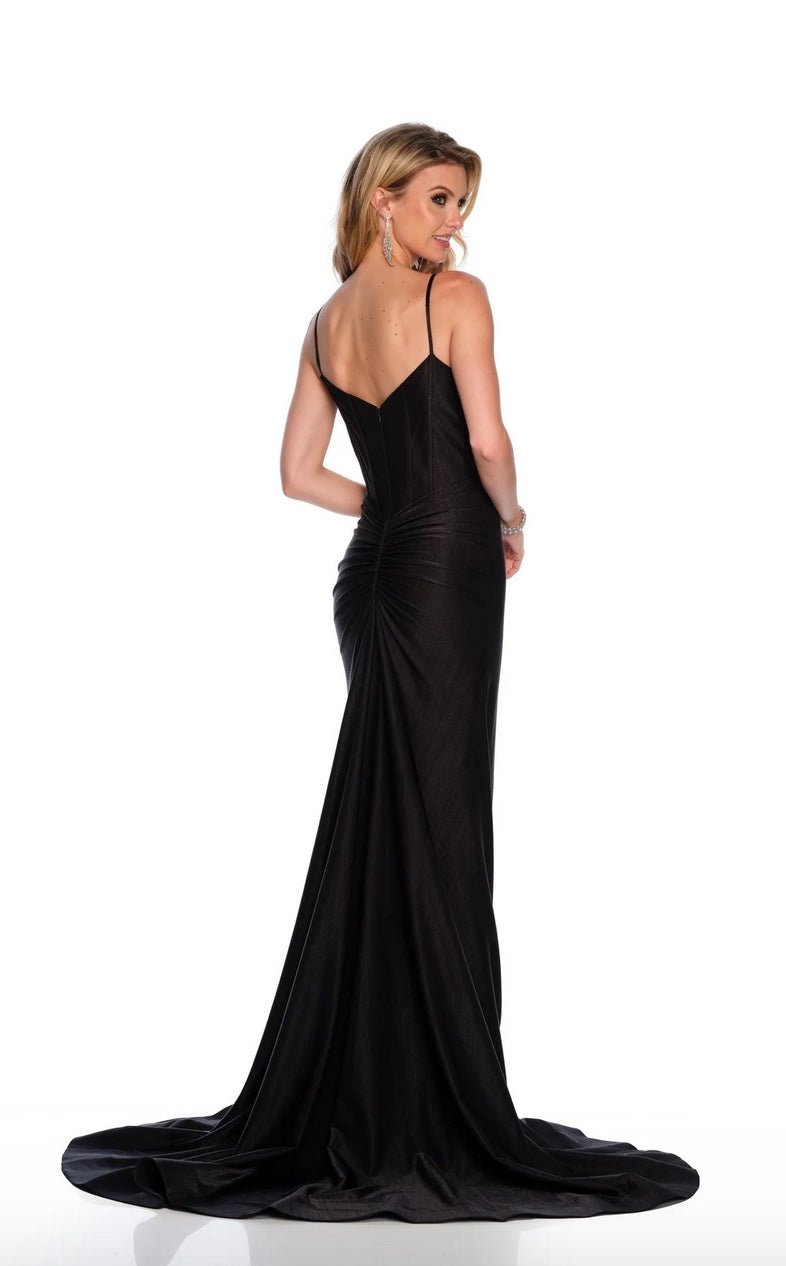 CLASSIC STRETCH SATIN CORSET GOWN WITH BONING V-NECK ILLUSION HIGH SLIT BY DAVE & JOHNNY NEW YORK 11553