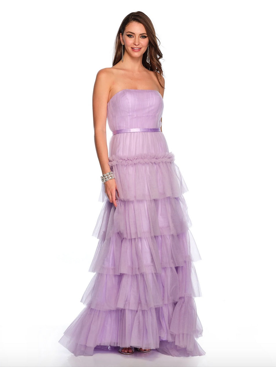 TULLE TIERED FITTED FORMAL GOWN SATIN WAISTBAND BY DAVE & JOHNNY NEW YORK 11579