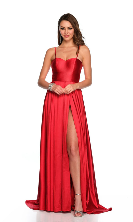 SOFT SATIN FLOWY A-LINE GOWN SPAGHETTI STRAPS HIGH SLIT BY DAVE & JOHNNY NEW YORK 11595