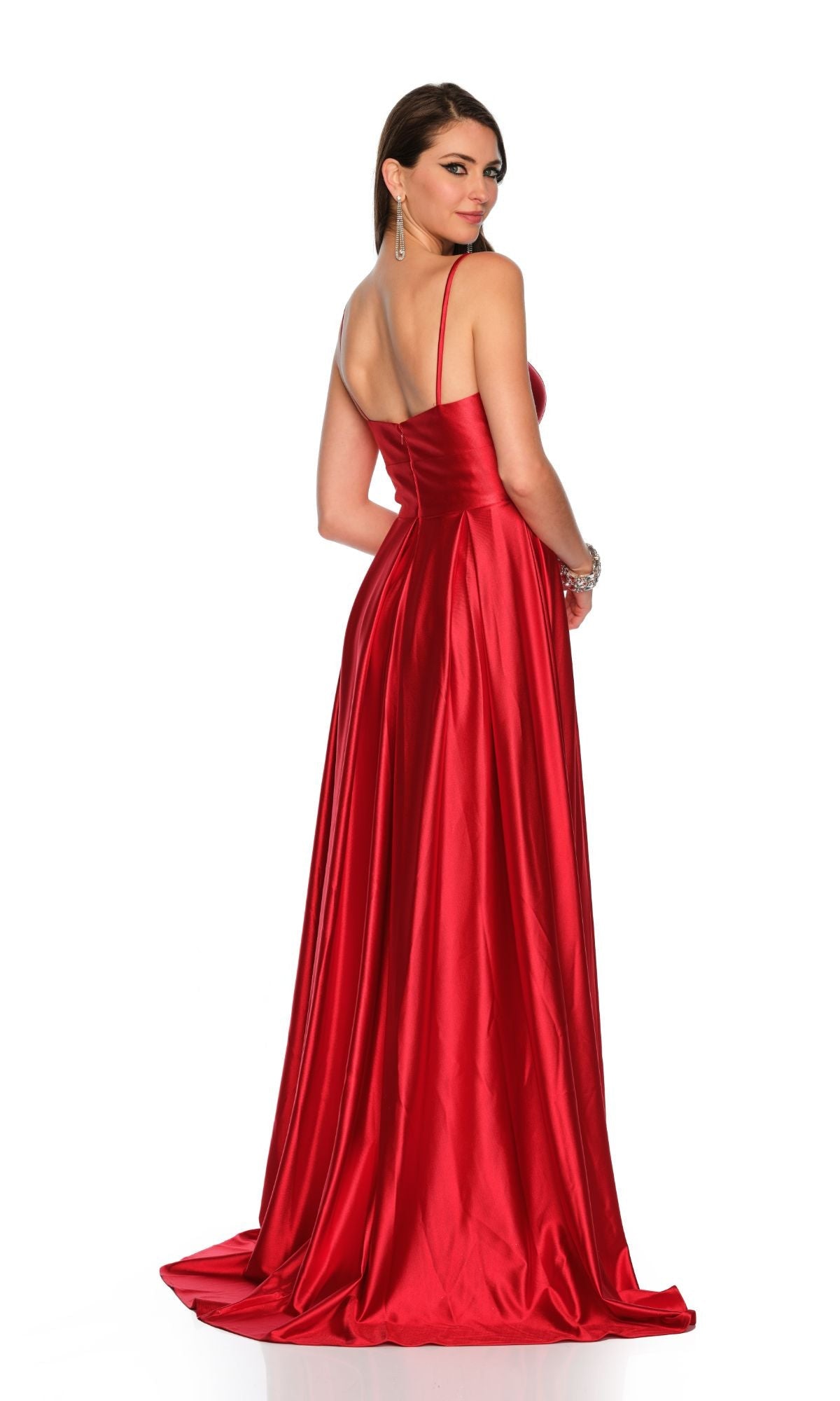 SOFT SATIN FLOWY A-LINE GOWN SPAGHETTI STRAPS HIGH SLIT BY DAVE & JOHNNY NEW YORK 11595