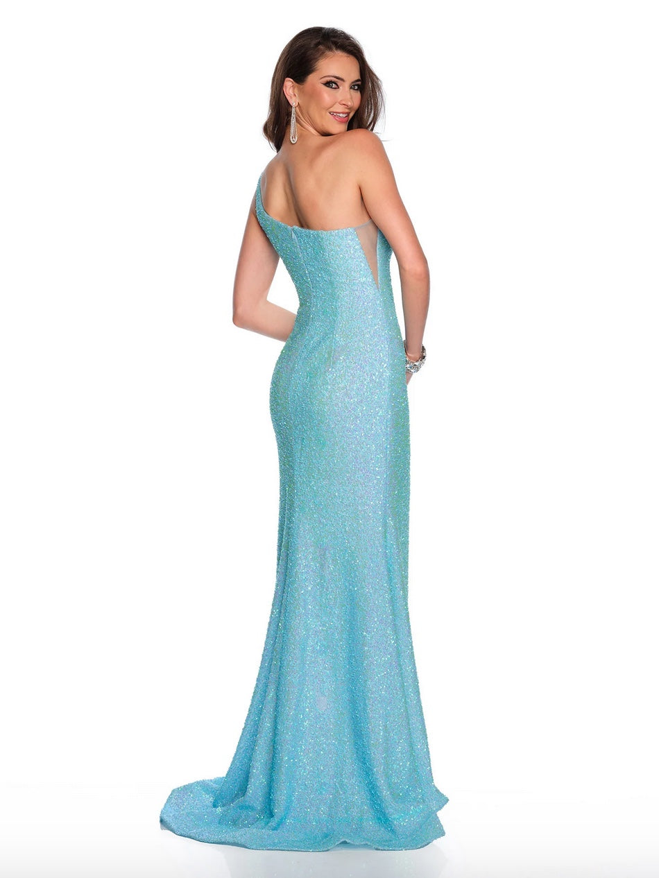 ALLOVER SEQUIN ONE SHOULDER GOWN SIDE ILLUSION WITH STONE ACCENTS SIDE SLIT BY DAVE & JOHNNY NEW YORK 11638