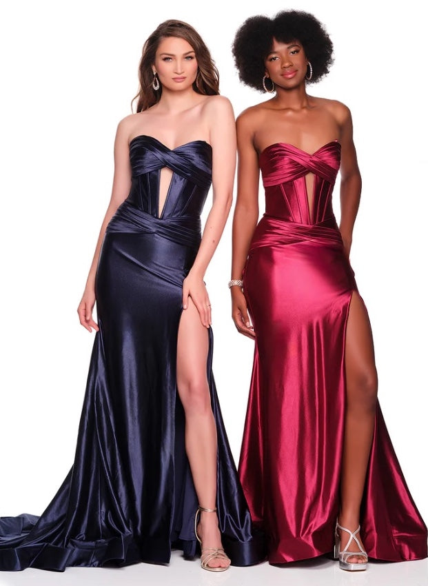 FITTED CORSET STRETCH SHINY JERSEY DRESS WITH SLIT BY DAVE & JOHNNY NEW YORK 11975