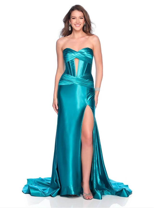 FITTED CORSET STRETCH SHINY JERSEY DRESS WITH SLIT BY DAVE & JOHNNY NEW YORK 11975