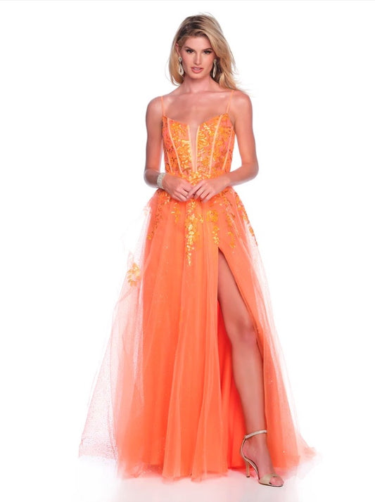 PROM BALLGOWN SEQUIN TOP SLIT LACE-UP BACK APPLIQUES ORANGE DAVE & JOHNNY NEW YORK 12008