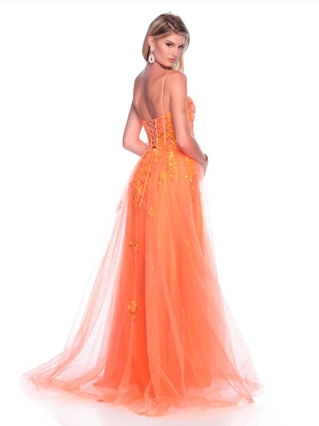 PROM BALLGOWN SEQUIN TOP SLIT LACE-UP BACK APPLIQUES ORANGE DAVE & JOHNNY NEW YORK 12008