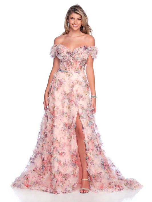 LILAC & PINK PRINT RUFFLE FLORAL CORSET GOWN WITH BOW & SLIT DAVE & JOHNNY NEW YORK 12210