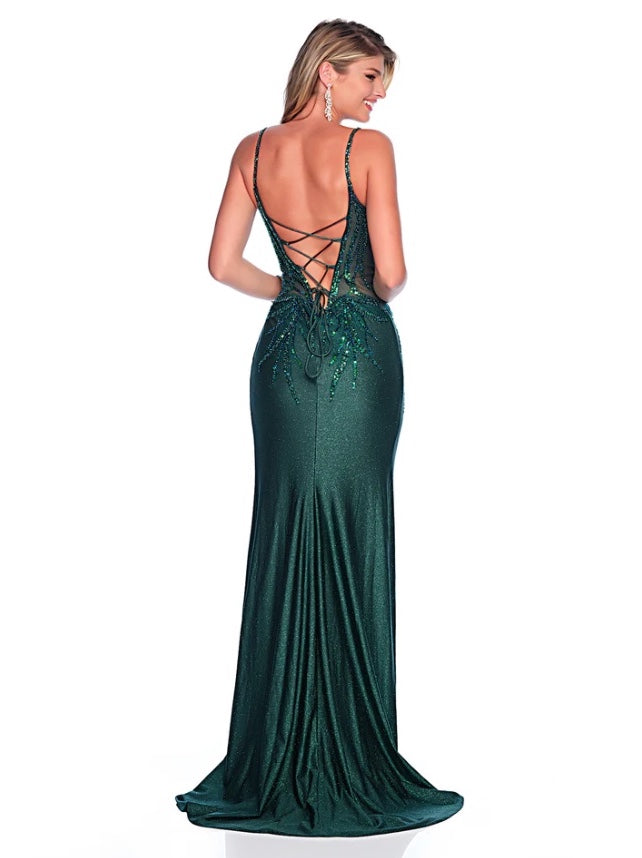 EMERALD GLITTER STRETCH FITTED SEQUIN GOWN LACE-UP BACK & SLIT BY DAVE & JOHNNY NEW YORK 12300