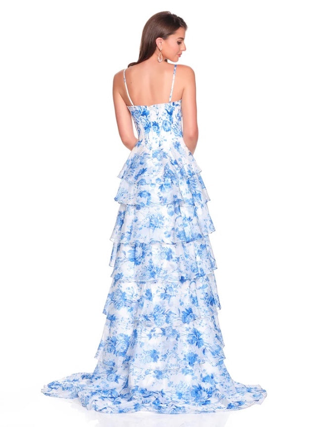 FLORAL PRINTED TIERED GOWN WITH BEADED DRAPED BASQUE WAIST CORSET BODICE & SLIT BY DAVE & JOHNNY NEW YORK 12720