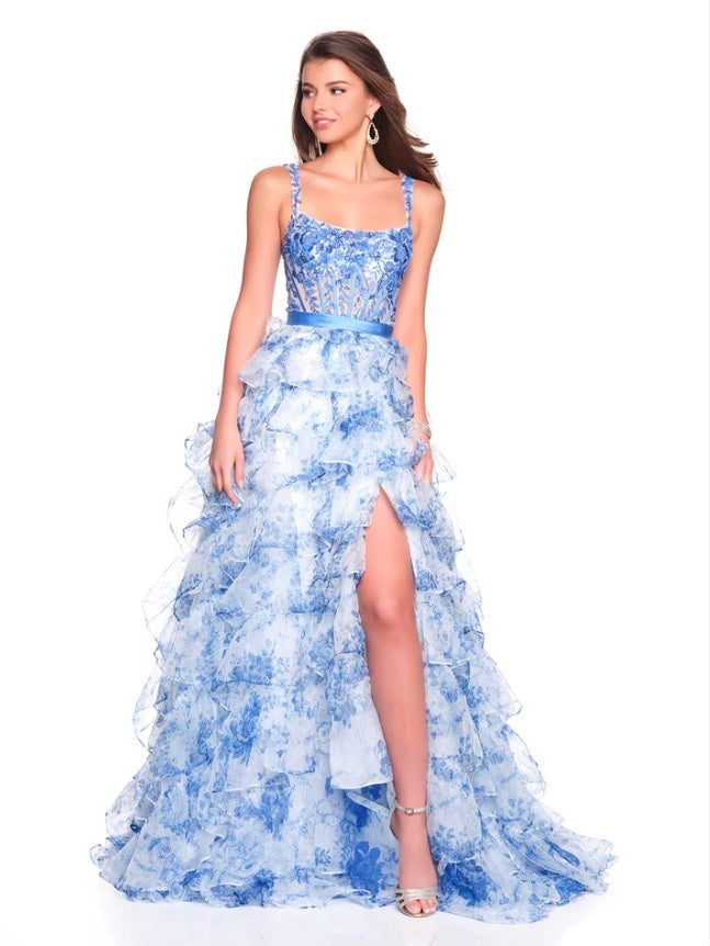 FLORAL PRINT RUFFLE TIERED GOWN BEADED CORSET TOP & SLIT BY DAVE & JOHNNY NEW YORK 12765W