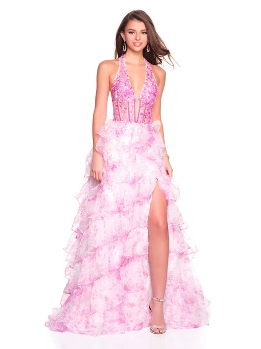 FLORAL PRINT RUFFLE TIERED SEQUIN HALTER TOP CORSET WITH SLIT BY DAVE & JOHNNY NEW YORK 12766