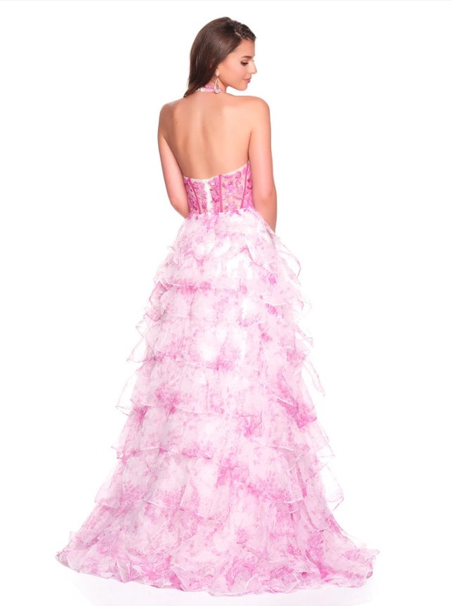 FLORAL PRINT RUFFLE TIERED SEQUIN HALTER TOP CORSET WITH SLIT BY DAVE & JOHNNY NEW YORK 12766