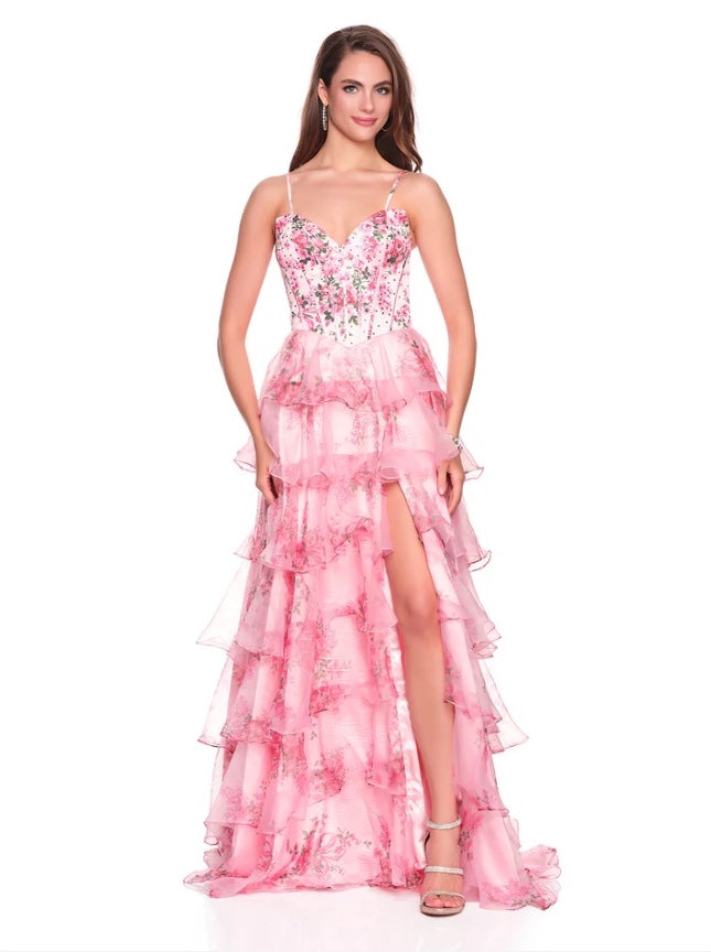 FLORAL PRINTED RUFFLE TIERED CORSET DRESS WITH BASQUE WAISTLINE & LACE-UP BACK BY DAVE & JOHNNY NEW YORK 12941