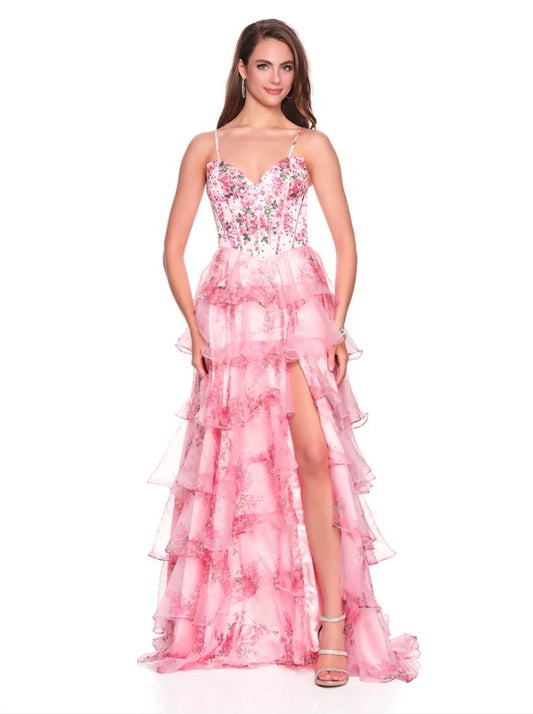 FLORAL PRINTED RUFFLE TIERED CORSET DRESS WITH BASQUE WAISTLINE & LACE-UP BACK BY DAVE & JOHNNY NEW YORK 12941