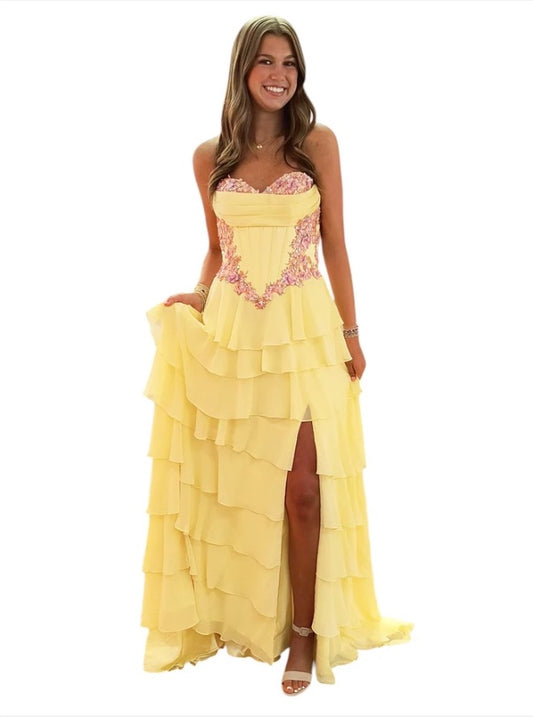 VIRAL TIKTOK SOFT TIERED 3D FLORAL MOTIF DRAPED CORSET DRESS WITH BASQUE WAISTLINE & SLIT BY DAVE & JOHNNY NEW YORK 12966