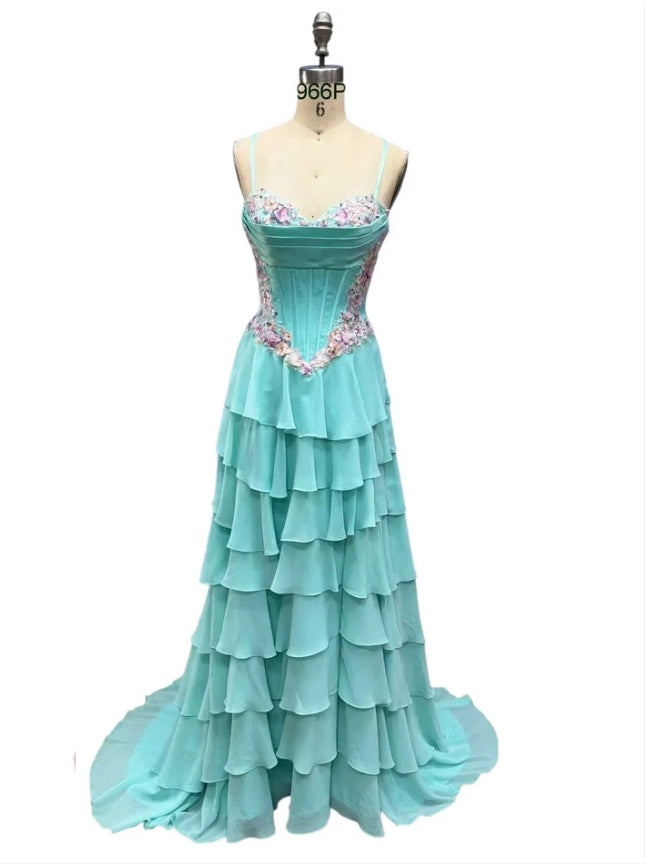 VIRAL TIKTOK SOFT TIERED 3D FLORAL MOTIF DRAPED CORSET DRESS WITH BASQUE WAISTLINE & SLIT BY DAVE & JOHNNY NEW YORK 12966