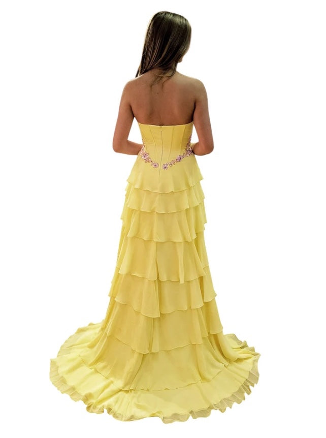 VIRAL TIKTOK SOFT TIERED 3D FLORAL MOTIF DRAPED CORSET DRESS WITH BASQUE WAISTLINE & SLIT BY DAVE & JOHNNY NEW YORK 12966
