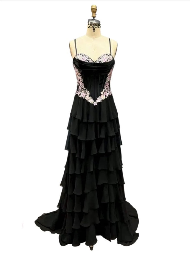 VIRAL TIKTOK SOFT TIERED 3D FLORAL MOTIF DRAPED CORSET DRESS WITH BASQUE WAISTLINE & SLIT BY DAVE & JOHNNY NEW YORK 12966