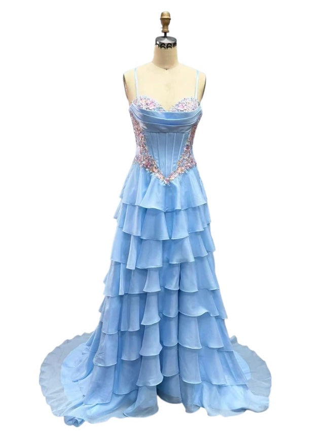 VIRAL TIKTOK SOFT TIERED 3D FLORAL MOTIF DRAPED CORSET DRESS WITH BASQUE WAISTLINE & SLIT BY DAVE & JOHNNY NEW YORK 12966