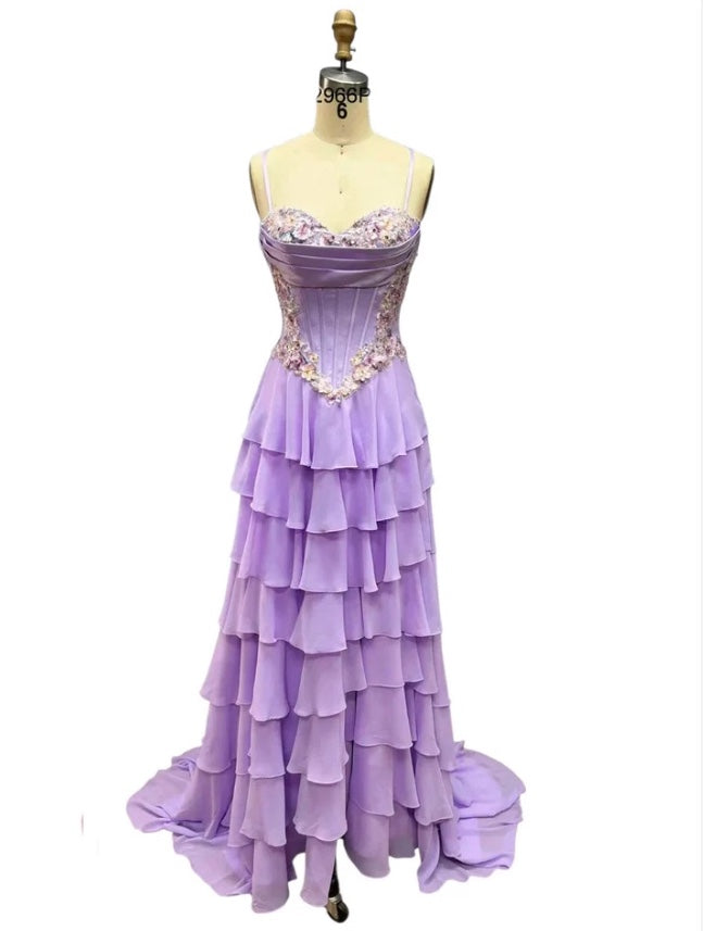 VIRAL TIKTOK SOFT TIERED 3D FLORAL MOTIF DRAPED CORSET DRESS WITH BASQUE WAISTLINE & SLIT BY DAVE & JOHNNY NEW YORK 12966