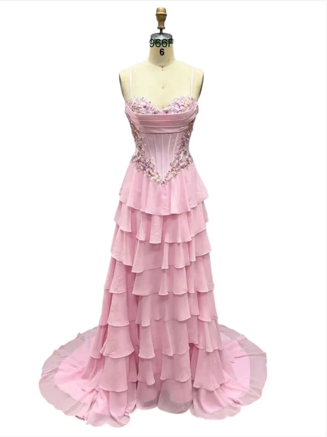 VIRAL TIKTOK SOFT TIERED 3D FLORAL MOTIF DRAPED CORSET DRESS WITH BASQUE WAISTLINE & SLIT BY DAVE & JOHNNY NEW YORK 12966