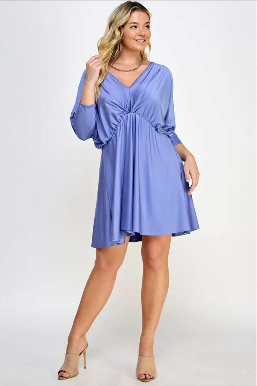 SATIN KNIT FIT & FLARE DOLMAN 3/4 SLEEVES OPEN BACK WITH TIE CURVY