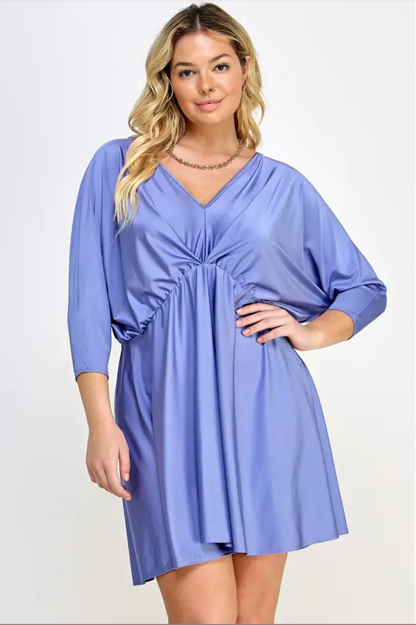 SATIN KNIT FIT & FLARE DOLMAN 3/4 SLEEVES OPEN BACK WITH TIE CURVY