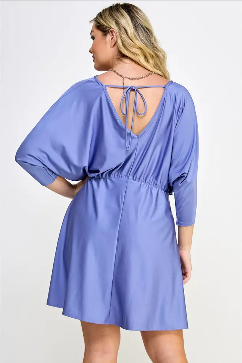 SATIN KNIT FIT & FLARE DOLMAN 3/4 SLEEVES OPEN BACK WITH TIE CURVY