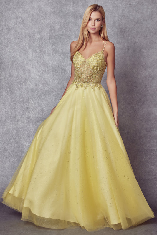 EMBROIDERED SPARKLE TULLE BALLGOWN WITH LACE-UP BACK BY JULIET 268