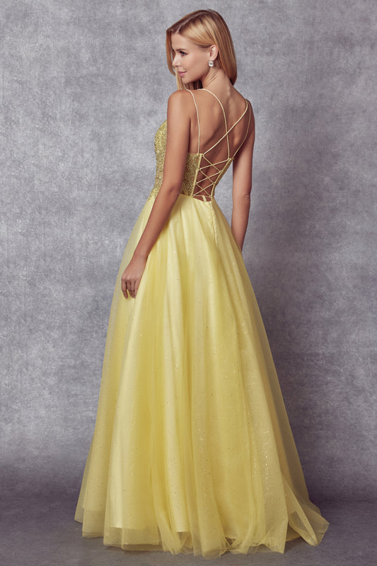 EMBROIDERED SPARKLE TULLE BALLGOWN WITH LACE-UP BACK BY JULIET 268