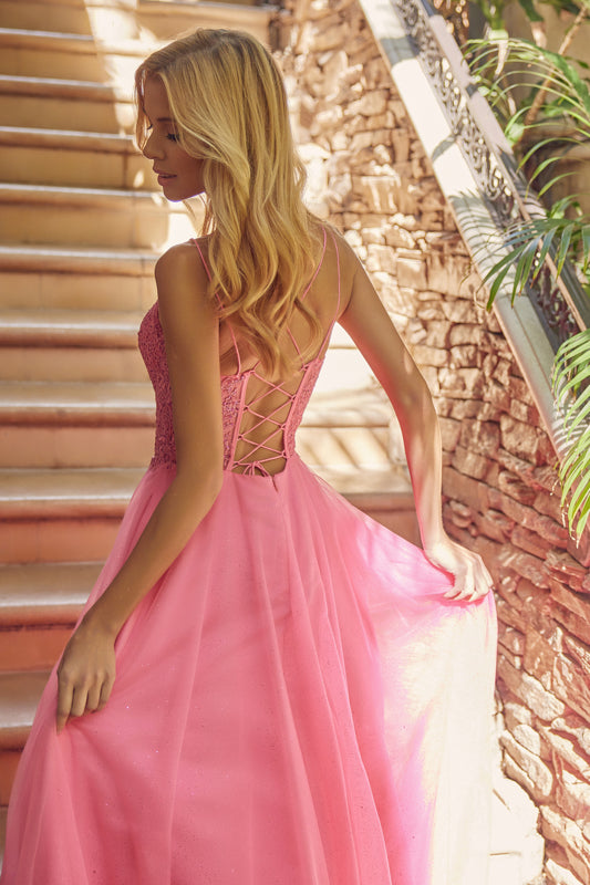 EMBROIDERED SPARKLE TULLE BALLGOWN WITH LACE-UP BACK BY JULIET 268