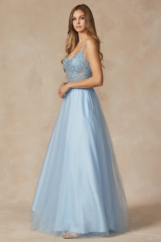 EMBROIDERED SPARKLE TULLE BALLGOWN WITH LACE-UP BACK BY JULIET 268
