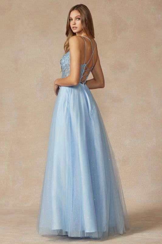 EMBROIDERED SPARKLE TULLE BALLGOWN WITH LACE-UP BACK BY JULIET 268