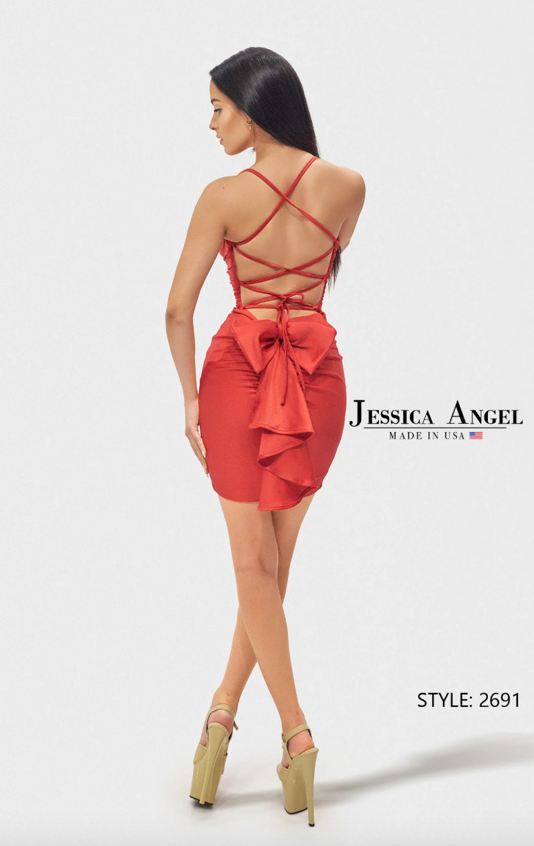 STRETCH JERSEY BODYCON SWEETHEART V NECK SPAGHETTI STRAPS LACE-UP BACK DETACHABLE BOW FITTED SHORT FORMAL DRESS BY JESSICA ANGEL 2691