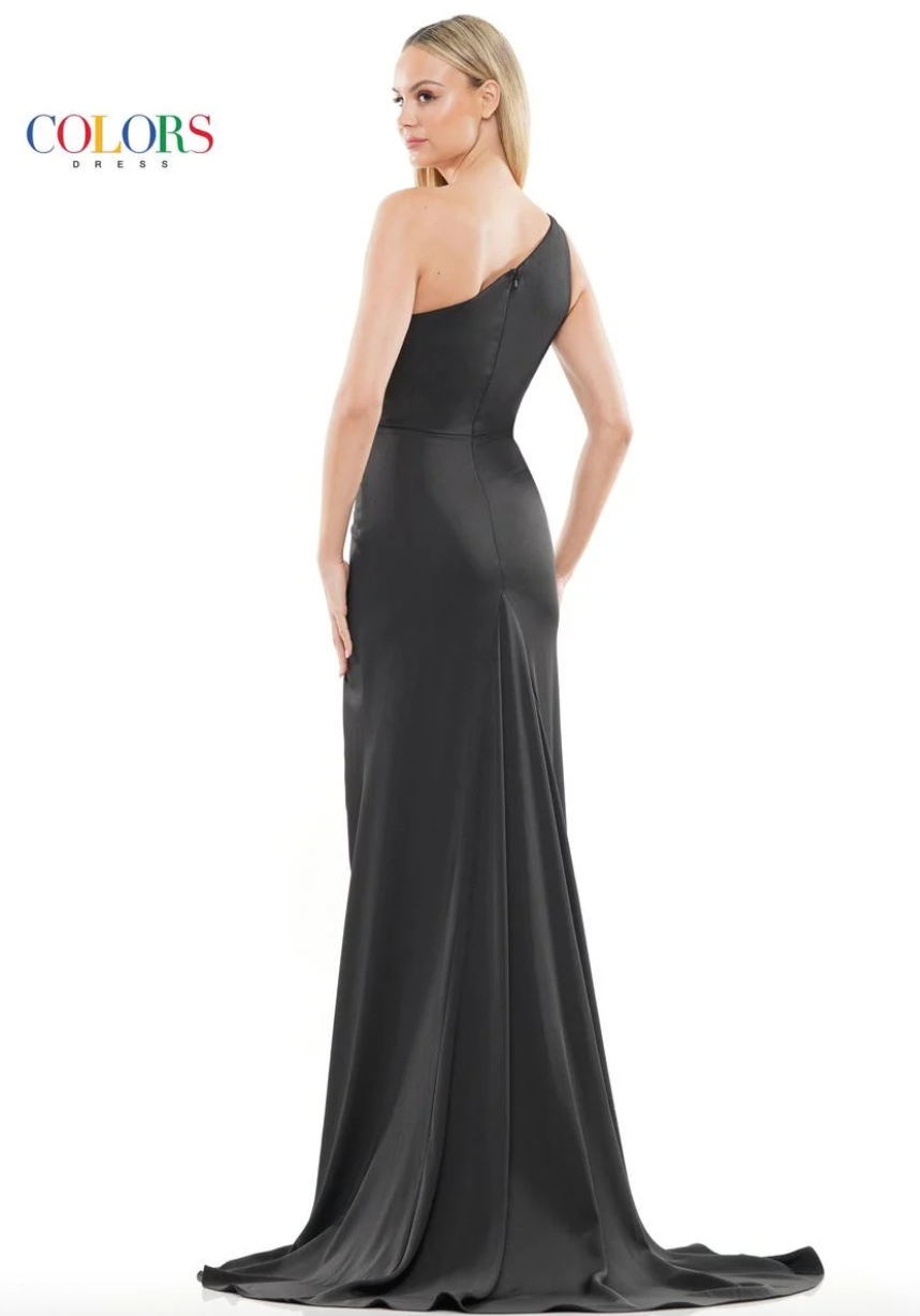 STRETCH FAILLE ONE SHOULDER HIGH SLIT FORMAL GOWN BY COLORS DRESS 3090