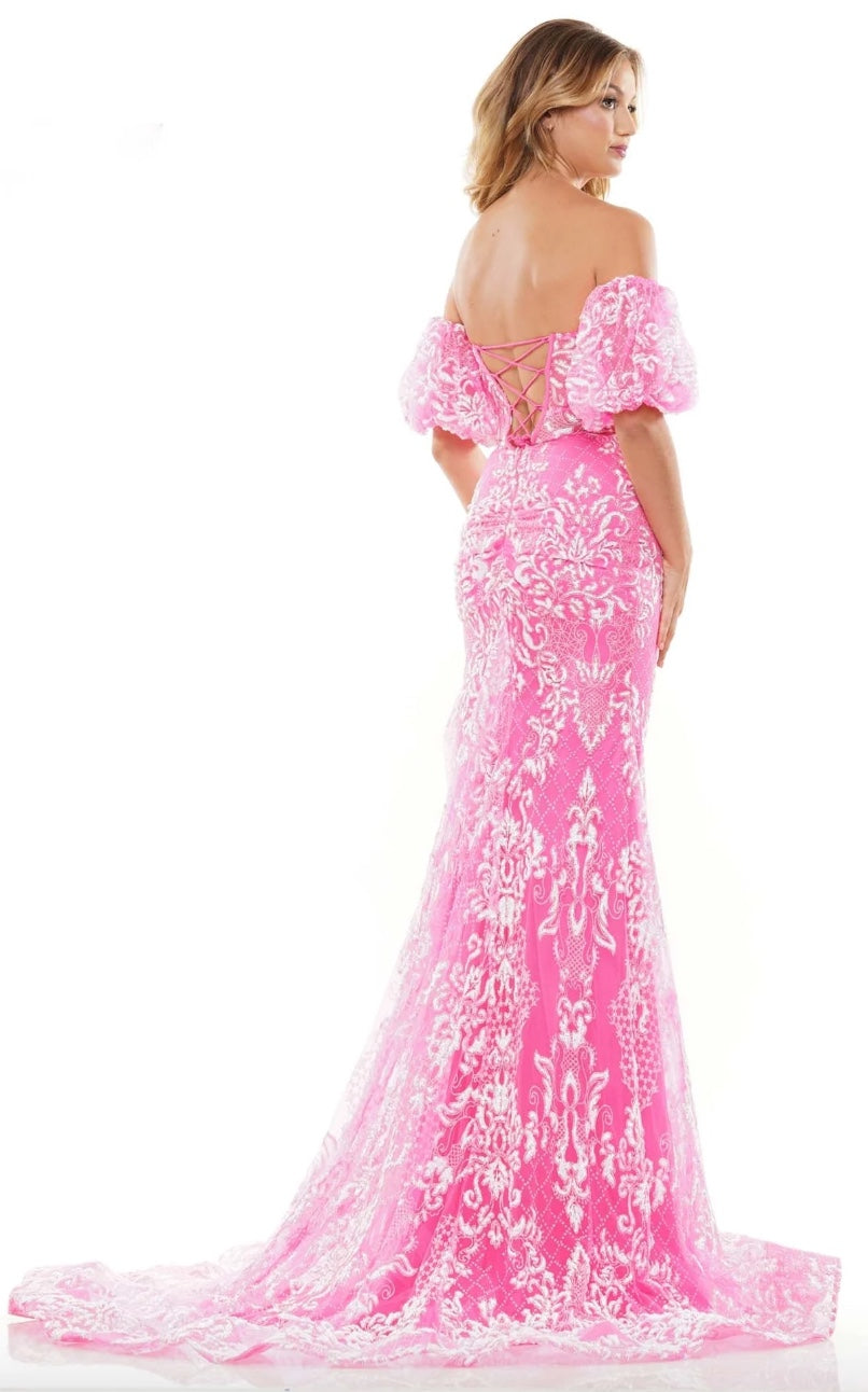 STRAPLESS CORSET BODICE GLITTER TULLE 2 COLOR CONTRAST DAMASK PATTERN LACE-UP BACK REMOVABLE PUFF SLEEVES + HIGH SLIT BY COLORS DRESS 3160