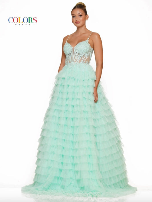 EMBROIDERED MESH RUFFLE A-LINE TIER SKIRT CORSET LACE-UP BACK BY COLORS DRESS 3219