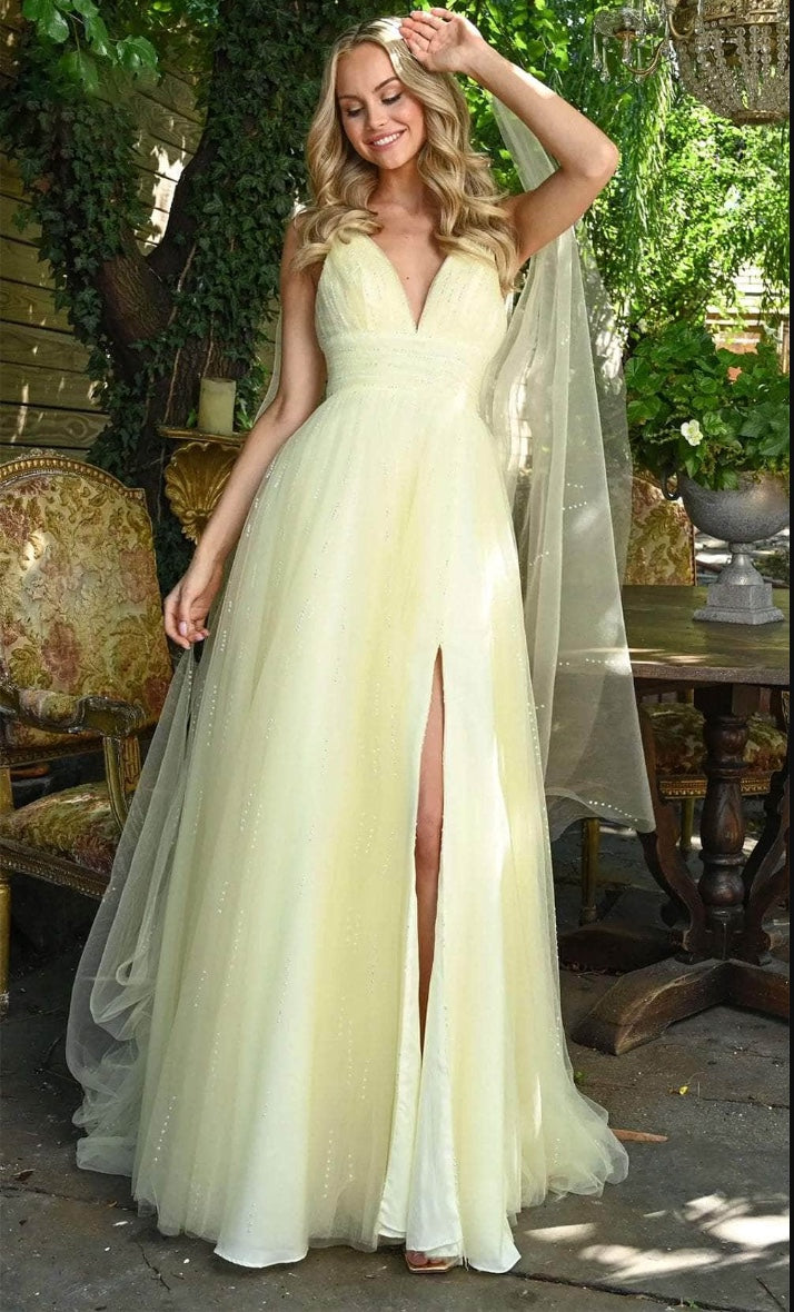 A-LINE SEQUIN MESH TULLE GOWN V-NECK + V-OPEN BACK WITH SLIT + SHEER CASCADING SASHES BY COLORS DRESS 3242