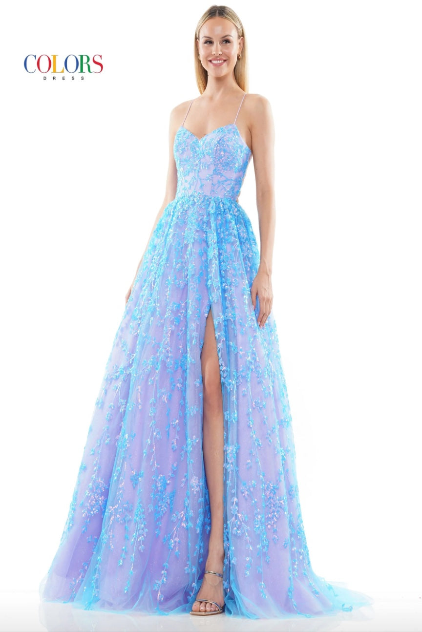 SEQUIN EMBROIDERED MESH BALL GOWN WHIMSICAL TWO TONE SWEETHEART NECKLINE LACE-UP BACK + SLIT BY COLORS DRESS 3247