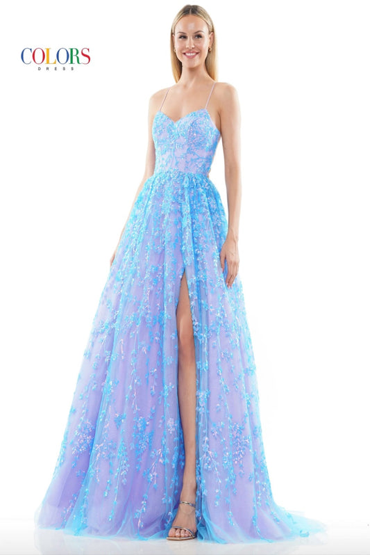 SEQUIN EMBROIDERED MESH BALL GOWN WHIMSICAL TWO TONE SWEETHEART NECKLINE LACE-UP BACK + SLIT BY COLORS DRESS 3247
