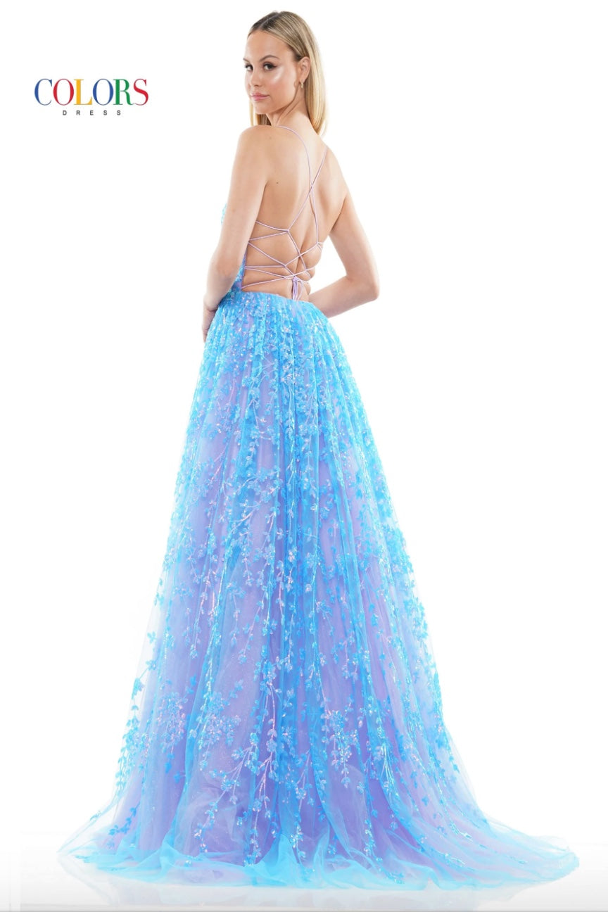 SEQUIN EMBROIDERED MESH BALL GOWN WHIMSICAL TWO TONE SWEETHEART NECKLINE LACE-UP BACK + SLIT BY COLORS DRESS 3247