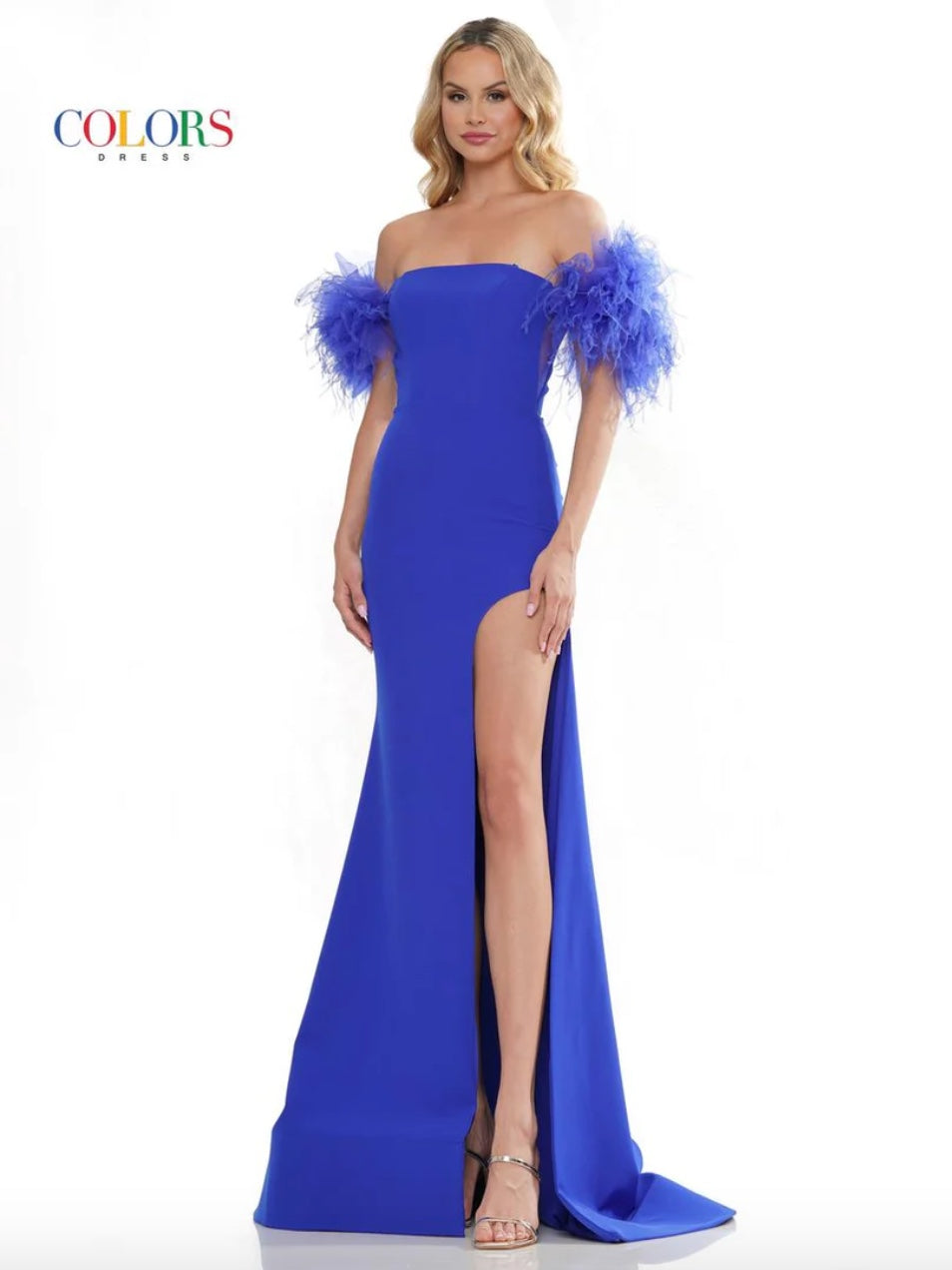 ELEGANT STRAPLESS STRETCH CREPE GOWN WITH FEATHERED SLEEVES RUCHING BACK DETAIL + HIGH SIDE SLIT BY COLORS DRESS 3250