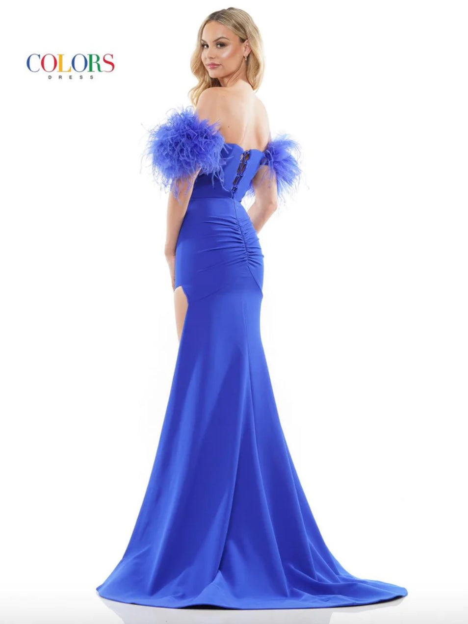 ELEGANT STRAPLESS STRETCH CREPE GOWN WITH FEATHERED SLEEVES RUCHING BACK DETAIL + HIGH SIDE SLIT BY COLORS DRESS 3250