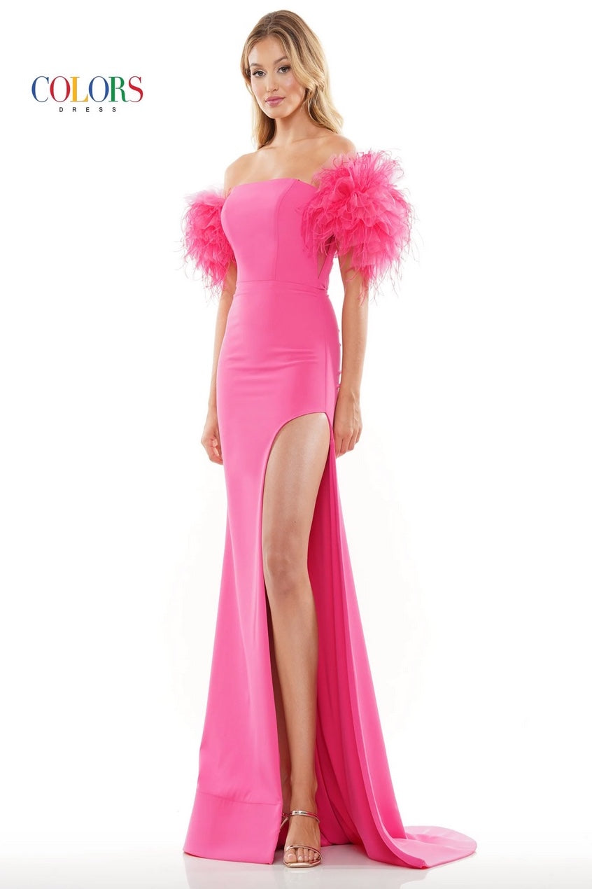 ELEGANT STRAPLESS STRETCH CREPE GOWN WITH FEATHERED SLEEVES RUCHING BACK DETAIL + HIGH SIDE SLIT BY COLORS DRESS 3250