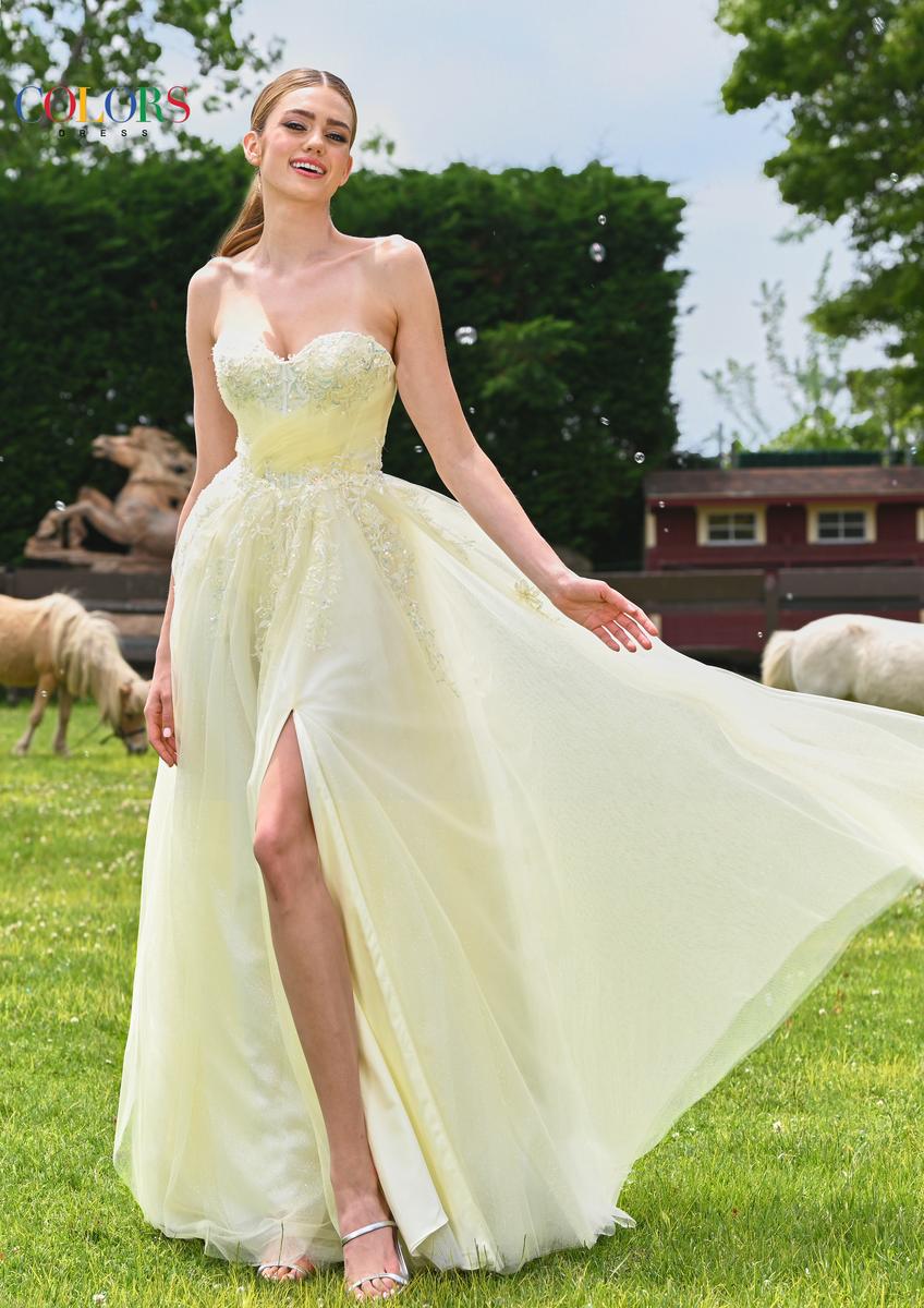 A-LINE DREAMY TULLE GOWN SWEETHEART NECKLINE WITH SLIT + APPLIQUES BY COLORS DRESS 3473
