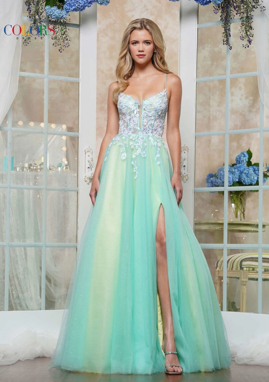 DREAMY TULLE A-LINE GOWN WITH LACE BODICE WITH BONING LACE-UP BACK, SLIT + POCKETS BY COLORS DRESS 3497
