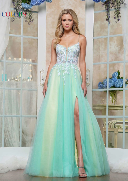 DREAMY TULLE A-LINE GOWN WITH LACE BODICE WITH BONING LACE-UP BACK, SLIT + POCKETS BY COLORS DRESS 3497