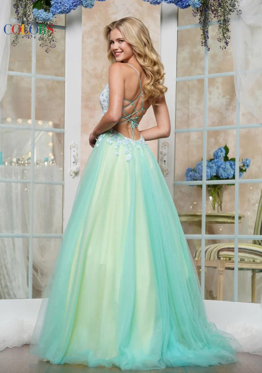 DREAMY TULLE A-LINE GOWN WITH LACE BODICE WITH BONING LACE-UP BACK, SLIT + POCKETS BY COLORS DRESS 3497