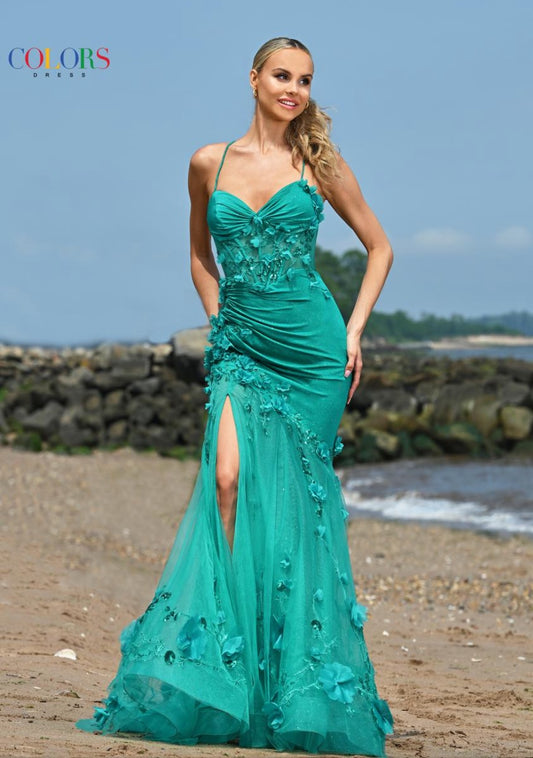 WHIMSICAL GLITTER MESH TULLE FLORAL APPLIQUES SWEETHEART NECKLINE LACE-UP BACK ASYMMETRICAL DROP WAIST SHEER SKIRT + SLIT COLORS DRESS 3552