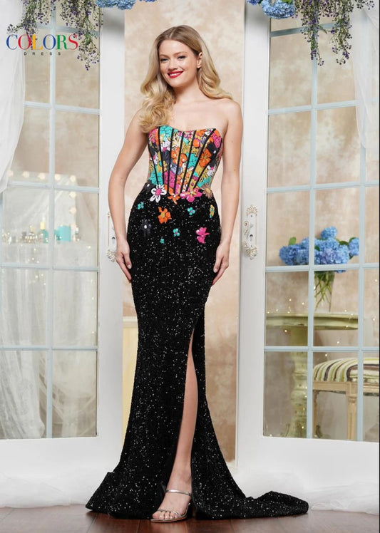 COLORFUL STRAPLESS SWEETHEART NECKLINE CORSET GLITTER GOWN WITH SIDE SLIT + LACE-UP BACK + INTRICATE FLORAL PATTERN BY COLORS DRESS 3561